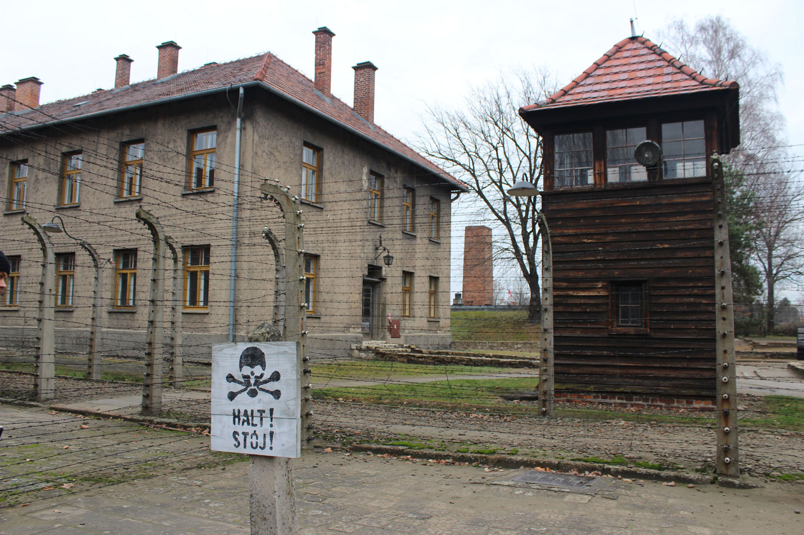 Picture of the eletrocuted double fences and a watchtower on the other side